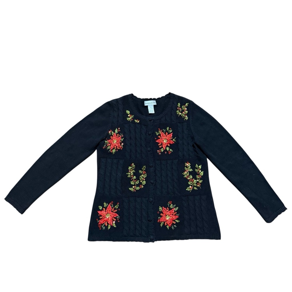 Draper’s & Damon’s Floral Embroidered Black Christmas Holiday Cardigan Medium